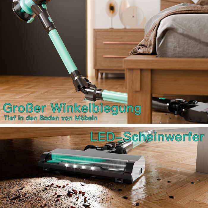 Бездротовий акумуляторний пилосос 28KPa з LED-дисплеєм, антизаплутана щітка, змінний акумулятор, вертикальний пилосос для твердих поверхонь, килимів та шерсті тварин (зелений)