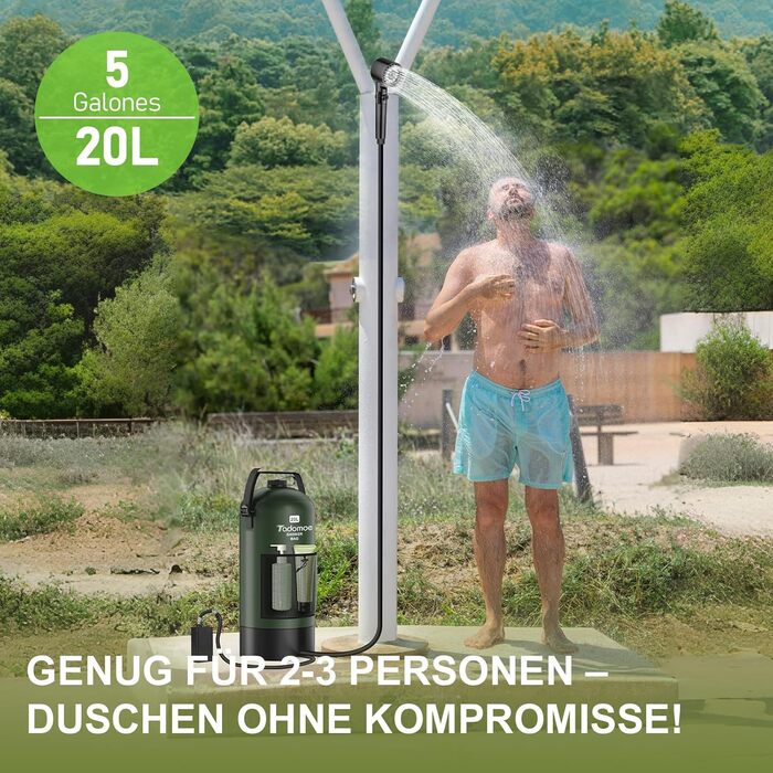 Сонячний душ Tadomoe 20L з насосом та сумкою, 2000mAh, для кемпінгу, пляжу, подорожей (зелений)