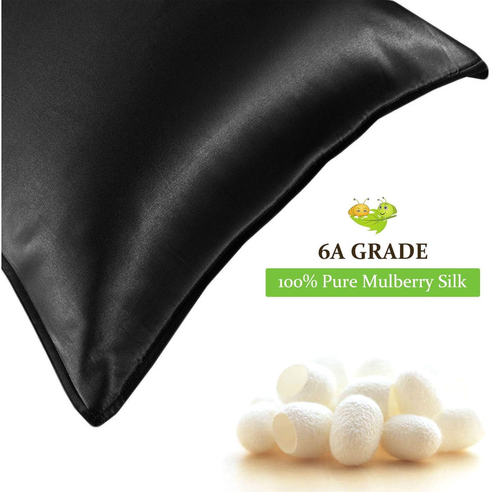 Silk 22 Momme Silk Pillowcase Set of 2, 100% Mulberry Silk Pillowcase for Hair and Skin with Envelope Closure, Soft and Smooth Silk Pillowcase, 50 x 66 cm Black