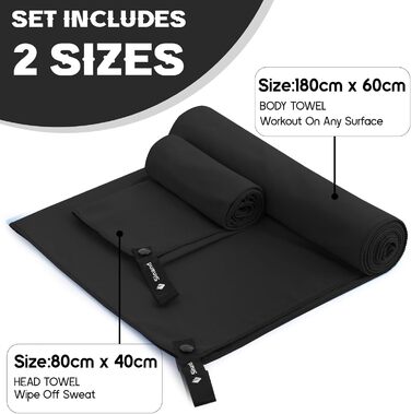 Набір рушників з мікрофібри 2 шт. | 180x60 см великий рушник для душу + 80x40 см маленький рушник для обличчя | Швидковисихаючі рушники з мікрофібри, спортивний рушник для фітнесу, пляжу, спортзалу (Чорний)