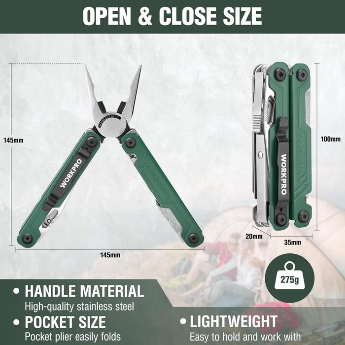 Мультитул WORKPRO 18 в 1: мультиінструмент з нержавіючої сталі з ножем, відкривачкою, ножицями, кліпсою для ременя. Ідеально для кемпінгу, ремонту, подарунок. У комплекті сумка.