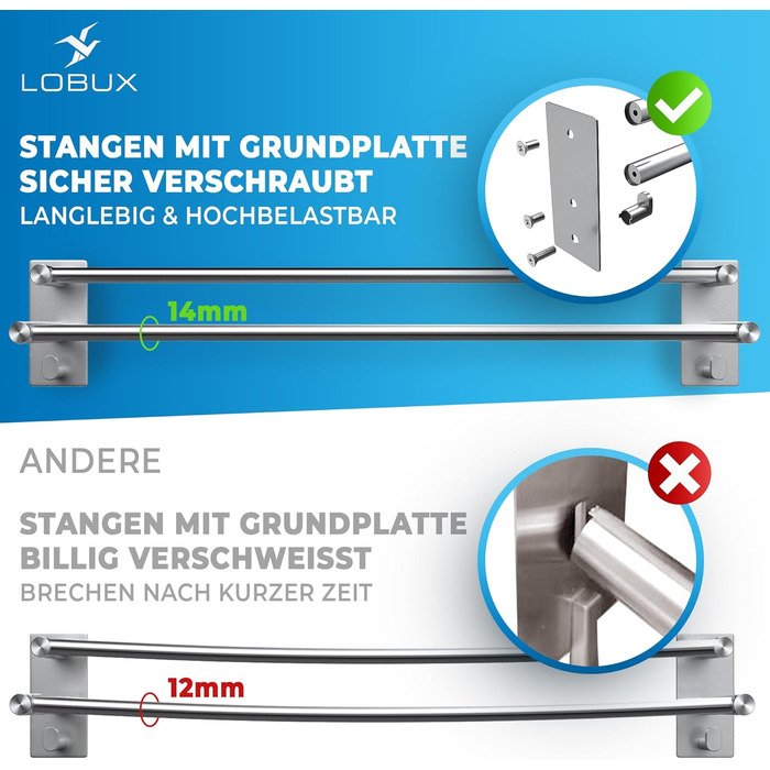 Тримач для рушників без свердління 60 см, нержавіюча сталь, для ванної кімнати, душової кабіни, кухні. В комплекті 2 гачки. Срібний колір