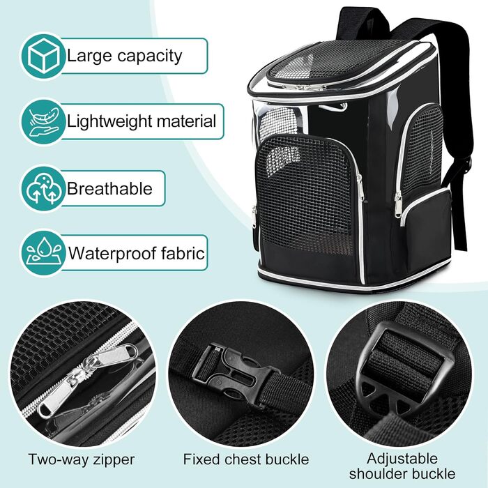Рюкзак для кота та собаки: зручний та легкий для подорожей та прогулянок (до 9 кг), з сіткою та мискою, чорний