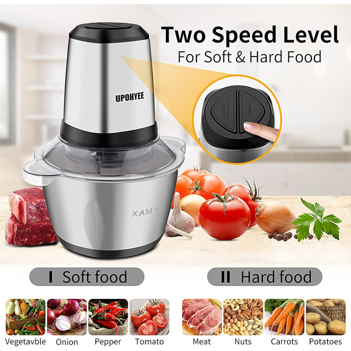 Електричний подрібнювач 600W з чашею з нержавіючої сталі 2L, 2 швидкості, 4 леза для овочів та часнику