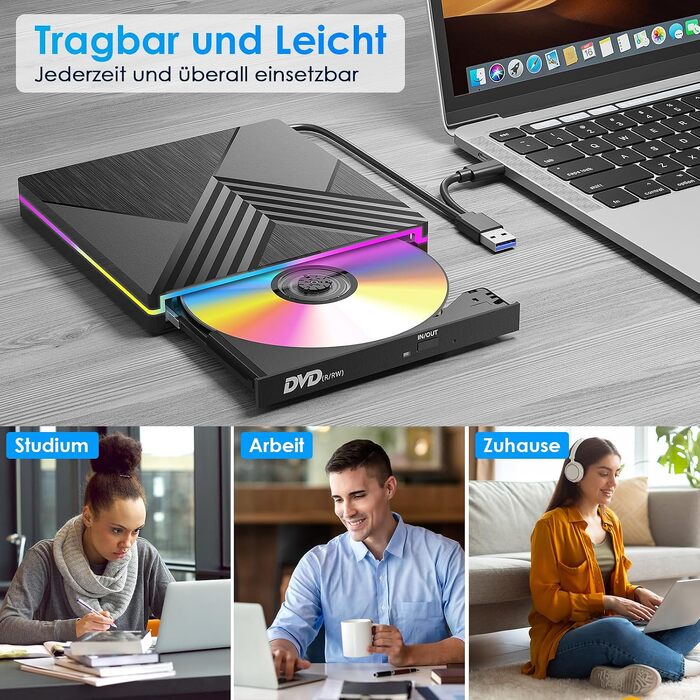 Зовнішній DVD-привід з RGB-підсвіткою, USB 3.0 та Type-C, CD/DVD+/-RW записувач та плеєр для PC, Laptop, MacBook (Windows, macOS, Linux)