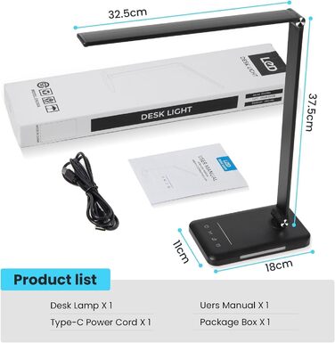 LED лампа настільна диммирувана - 560LM, офісна лампа з 5 режимами кольору та 10 рівнями яскравості, нічник, USB-порт, функція пам'яті та таймер, 10W - Біла (Чорна)