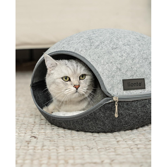 Lionto Cat Cave made of durable felt, cozy cuddle cave with zipper, 46x38x24 cm, comfortable and modern cat bed with soft and washable cushion, grey