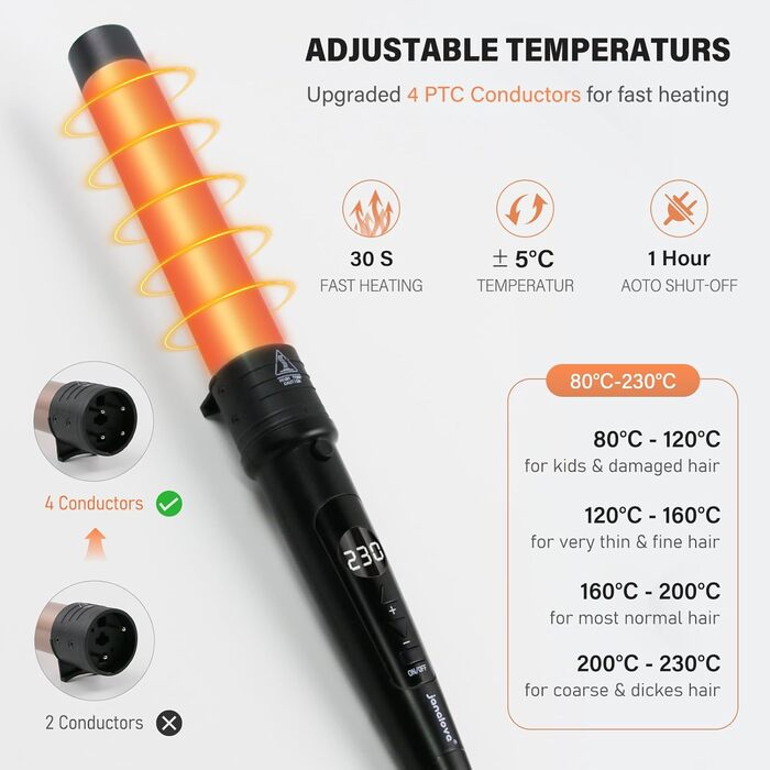 Welleneisen Janelove 3 Fässer: керамічний локон для волосся 10-32 мм, 180°C/210°C, 5 в 1, з рукавичкою (Чорний)