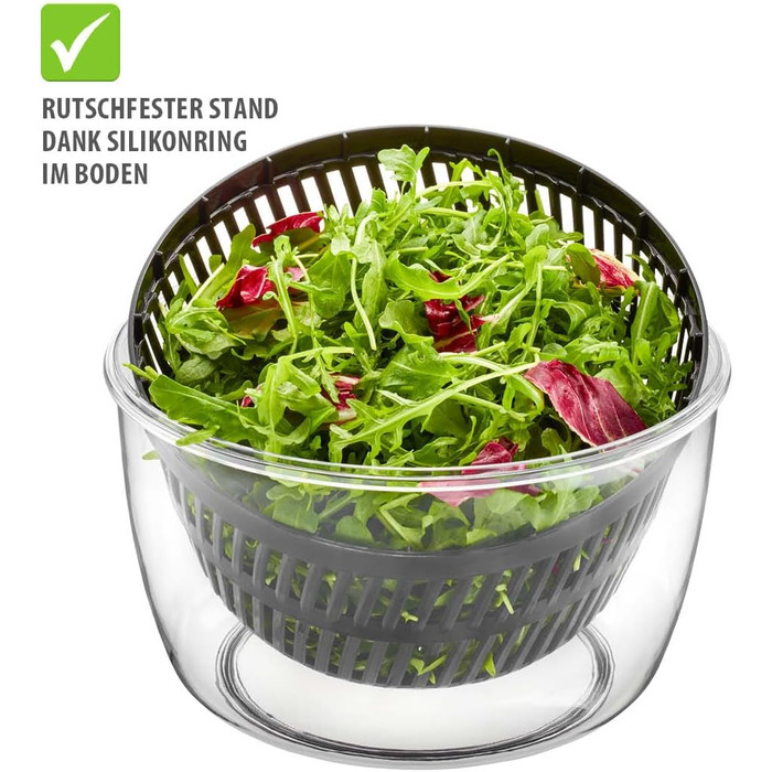 GEFU Салатоотжим - 5 л, з механізмом Push, вбудований виливний носик, кнопка зупинки, неслизький, придатний для миття в посудомийній машині (Чорний/Прозорий)