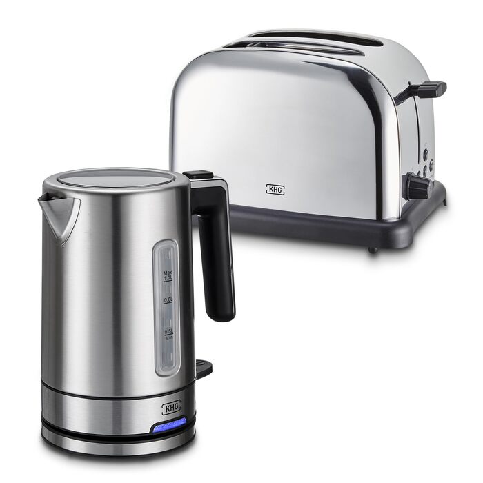 Набір для сніданку KHG: чайник та тостер, нержавіюча сталь, сріблястий, об'єм 1 л, 2 слоти, точний вилив, поворотний на 360°, 6 рівнів підсмажування, функції підігріву, розморожування та для багелів, з підспівачем для крихт