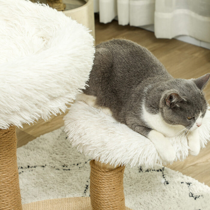 PawHut Драбина для котів 61,5 см, котячий будиночок з іграшкою-м'ячиком, лежаками, котячий турець, котяче дряпання, для котів вагою до 5 кг, дерево берези, білий | Aosom