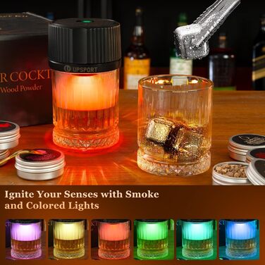 Набір для копчення віскі: 6 смаків дерев'яної стружки, 2 склянки, 2 кубики льоду, аксесуари для коктейлів, копчення напоїв, бурбон, кава, м'ясо