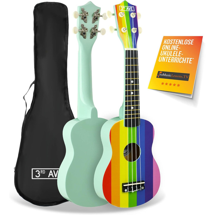Укулеле 3rd Avenue Sopran 54 см (21 дюйм) – Початковий набір, сумка, підставка, ремінь, струни, медіатори та наклейки на гриф – Натуральний колір. Безкоштовні онлайн-уроки для початківців. Комплект включає інструмент та кольорові наклейки на гриф.