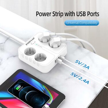 Розподільник розеток POWSAF з 4 розетками та 4 USB-портами для зарядки, для кріплення на стіну, для дому та офісу, білий