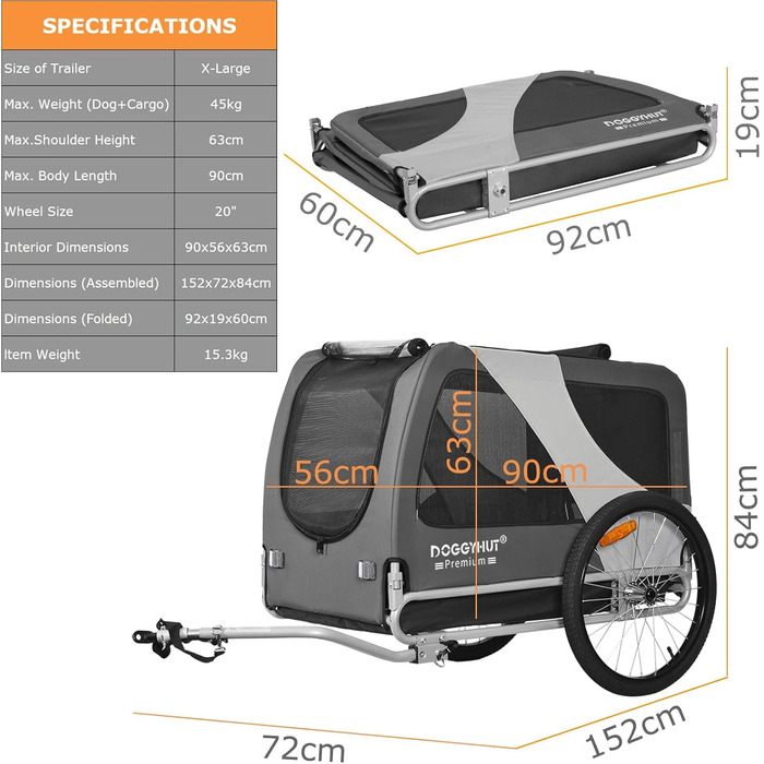 DOGGYHUT® Преміум XL Причіп для собак до 45 кг. Причіп для велосипеда для собак, великих собак, сірий (80103)