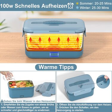 Vabaso 100W Electric Lunch Box for Adults, Thermo Lunch Box with Cutlery and Insulated Lunch Bag, 12/24/230V, Leak-Proof, 1.8 L Large Container, Lunch Box with Compartments for Car, Truck, Home, Blue