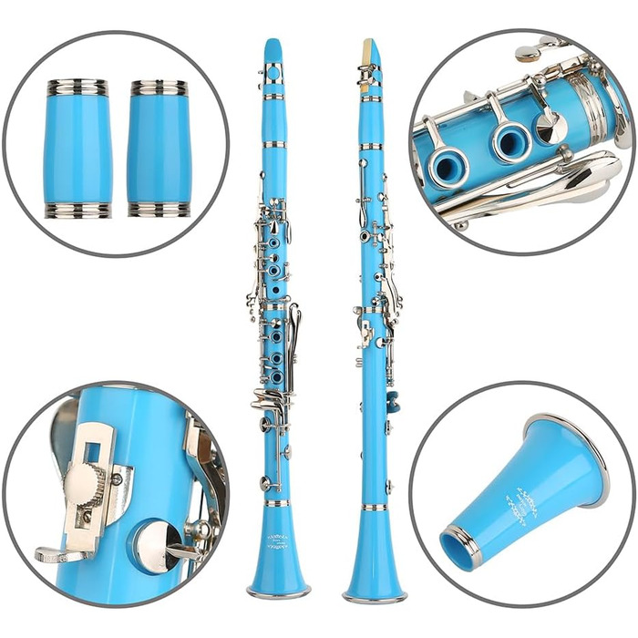 Кларнет Glory GLY-CLAGN професійний ебонітовий Bb з аксесуарами (10 вставок, стійка, кейс, щітки) - зелений (світло-блакитний/сріблястий)