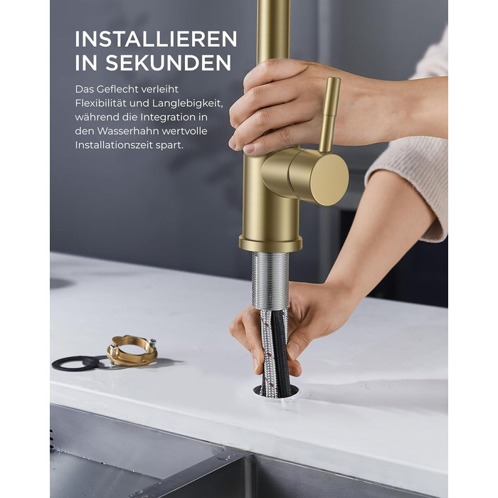 Кран кухонний FORIOUS з висувною лійкою, 360° обертання, 2 режими, шліфоване золото