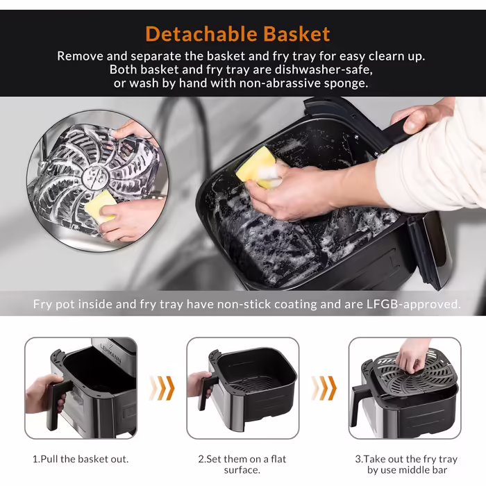 Lehmann Hot Air Fryer XXL with 8L Basket and Viewing Window, Oil-Free Fryer with Lighting, 1800W, Temperature Control up to 200° C, Airfryer with up to 10 Programs, Timer and Touch Display