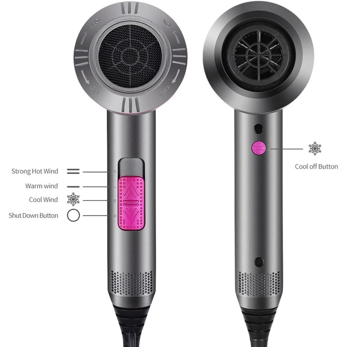 Іонний фен Faszin з AC-двигуном: професійний, 2 швидкості, 3 режими нагріву, кнопка холодного повітря, насадки-дифузор та концентратори (сірий)