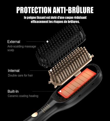 Професійний випрямляч для волосся – щітка-випрямляч, 4 температурні режими, 140°C–200°C, час нагріву 30 секунд, з іонізацією, підходить для всіх типів волосся (золотистий)