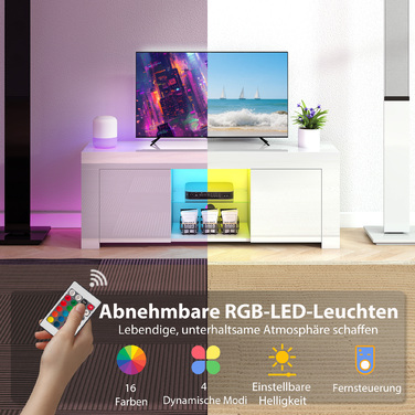 Телевізійна тумба HOMCOM з LED-підсвіткою, 2 дверцятами, скляною полицею, отворами для кабелів, для вітальні, виготовлена з ДСП, білого кольору.