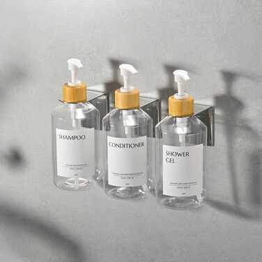 Настінний диспенсер для мила 3 шт, 500 мл, набір для душу та шампуню, чорний без свердління для кухні та ванної кімнати (прозора пляшка + білий бамбуковий ковпачок)