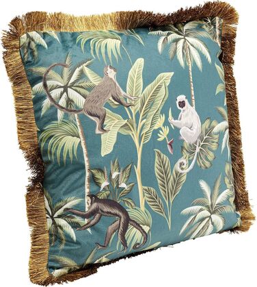 Декоративна подушка Kare Design Jungle Fever золото/синя з бахромою, наповненням і знімним чохлом, на блискавці, 45x45 см, для дивану з джунглевим мотивом