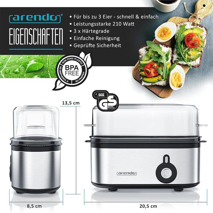 Електричний яйцеварка Arendo Threecook з нержавіючої сталі - 1-3 яйця, регулювання ступеня готовності, безпечний, BPA-free