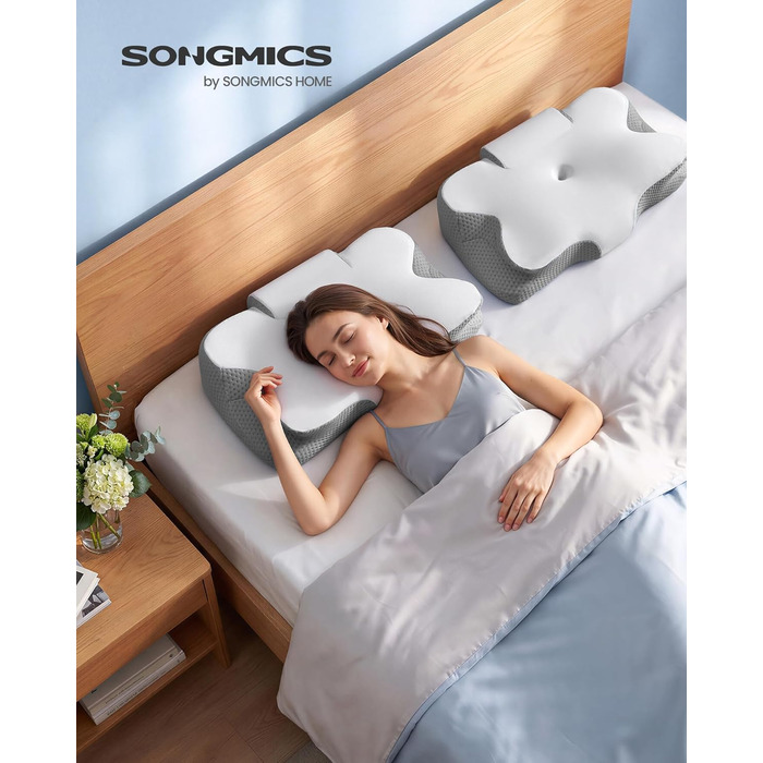 Подушка SONGMICS ергономічна з Memory Foam для сну (біла/сіра), регульована висота, для бокового, спинного та переднього положення