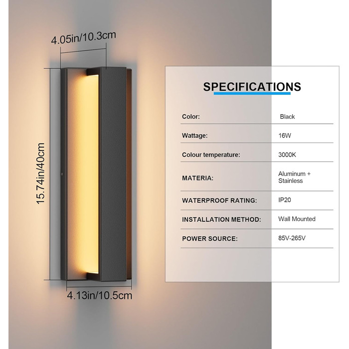 Klighten LED стінна лампа 16W, чорна, для дому, тепле світло 3000K, з алюмінію та нержавіючої сталі