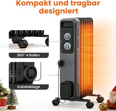 Масляний радіатор COWSAR: Енергоефективний обігрівач з 3 режимами, захистом від перекидання та перегріву, 1200W, сірий для вітальні та спальні