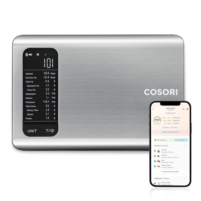 Cosori Digital Kitchen Scale with Nutrition Tracking - 5kg Stainless Steel Food Scale for Weight Loss - Tracks 19 Nutrients & Calories