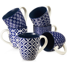 DOWAN Coffee Mug Set, 6 x 560 ml Porcelain Coffee Cups, Large Cups in Chinese Traditional Pattern Style for Coffee, Milk, Tea & Hot Chocolate, Coffee Mug Blue and White