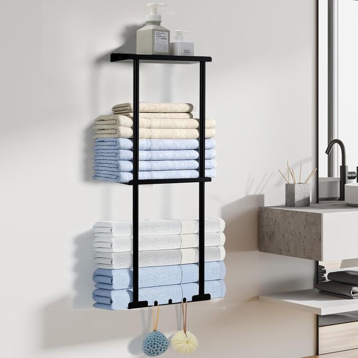 Bathroom Towel Rack Wall Mounted Towel Holder No Drilling 3-Tier Bathroom Towel Rack with Metal and 3 Hooks Bathroom Towel Storage Shelf 80 x 26 x 14 cm (black)