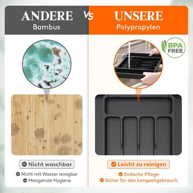 Органайзер для столових приладів Lifewit в шухляду, регульований, пластиковий, 33-57 см, глибина 38 см, чорний