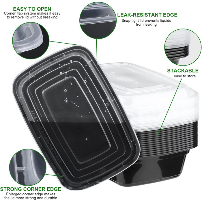 Контейнери для їжі Meal Prep, 20 шт., 32 oz (946 мл), 1 відсік, BPA Free, для зберігання, морозильника, мікрохвильовки та мийки посуду