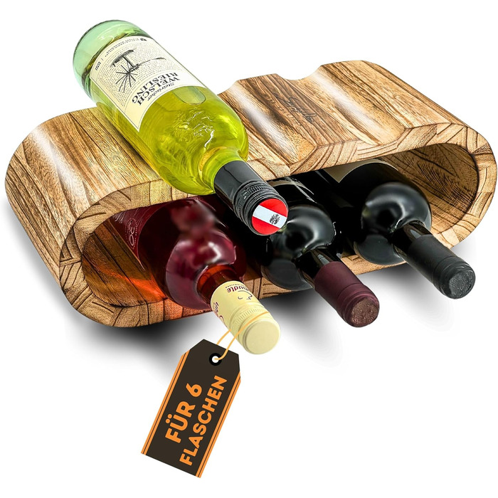 Rustic Wine Rack Wood Charred - Wooden Bottle Rack for 6 Bottles, 2 Tiers - Timeless Design, Gently Oiled - Narrow Wine Rack for Kitchen, Dining Room, Living Room