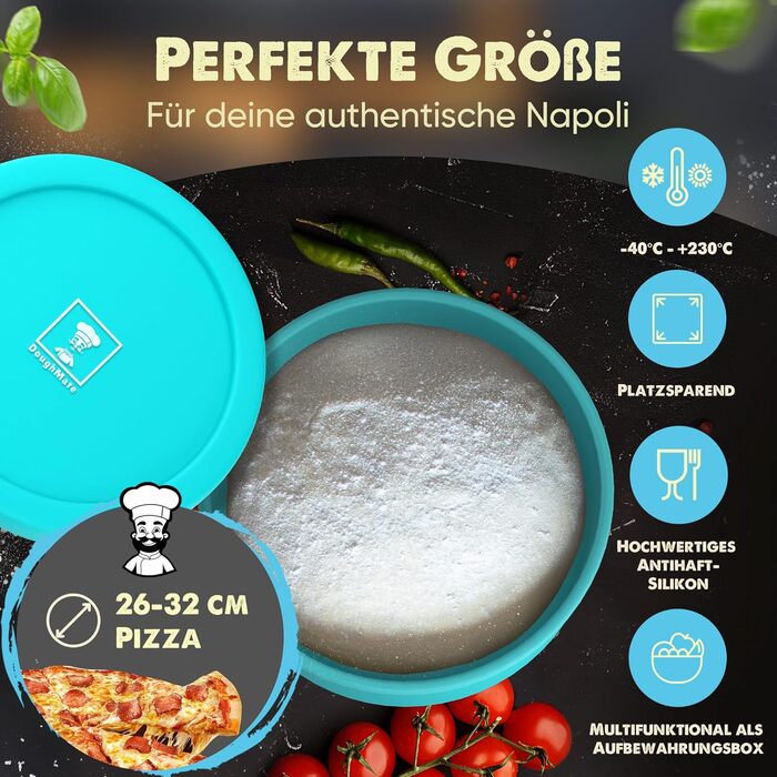 Pizza Ball Box with Lid, 4-Piece Set - Ideal as a pizza box, dough box, proofing box, for up to 350g of pizza dough, non-stick silicone, freezer and dishwasher safe, food-grade.