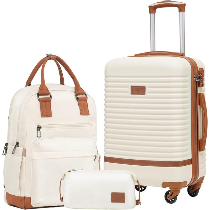 Валіза COOLIFE з ABS-пластику, 3-в-1 (ручна поклажа) з рюкзаком та косметичкою, TSA-замок, 4 колеса (білий/коричневий)