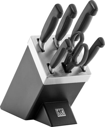 ZWILLING Vier Sterne Self-Sharpening Knife Block Set - 7 Piece German Stainless Steel Knife Set with Scissors & Black Handles