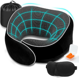 Подушка для шиї у літак, Memory Foam, подушка-вичник для дорослих, ергономічна підтримка шиї з 3D-маскою для сну, навушниками, сумкою - ідеально для літака, авто, дому, офісу, подушка для сну (Чорний)