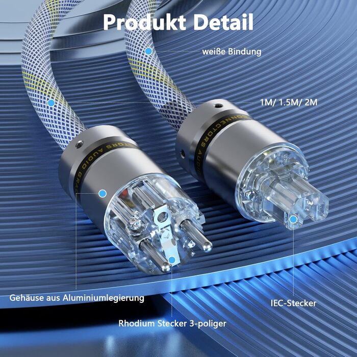 Audiофільний HiFi мережевий кабель живлення 10AWG з родієвим роз'ємом IEC320-C15, 125V/15A для підсилювача, сабвуфера та вінілового програвача, 1м