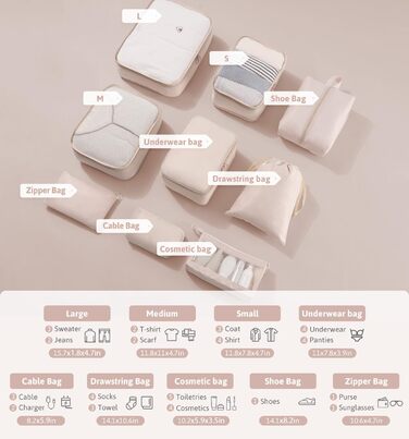 Органайзер для валізи Meowoo, 8-кількість, набір кубиків для пакування, для подорожей та бізнесу, з кишенями для одягу, для зберігання багажу, система організації (Бежевий-9шт)