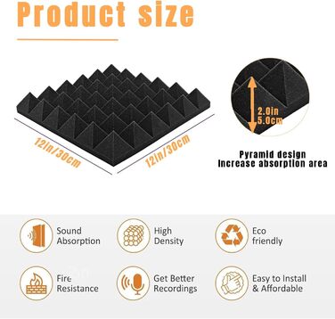 Самоклеючі акустичні панелі з шумопоглинаючого поролону 48 шт, звукоізоляційні пірамідні плити для студії та офісу, чорні, 30x30x2.5см та 30x30x5см