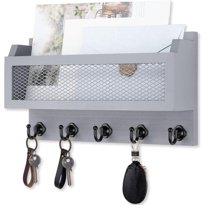 Wall decor brief and key holder, 27.9 cm (11 inch) wood wall key organizer with 5 key hooks, wall mount, storage shelf for entryway, hallway (white) (grey)