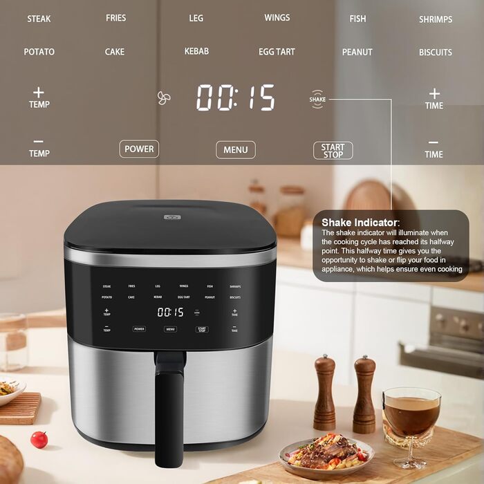 Фритюрниця без олії 7L XXL з сенсорним екраном, 12 програм, 1800W, чорний/сталь