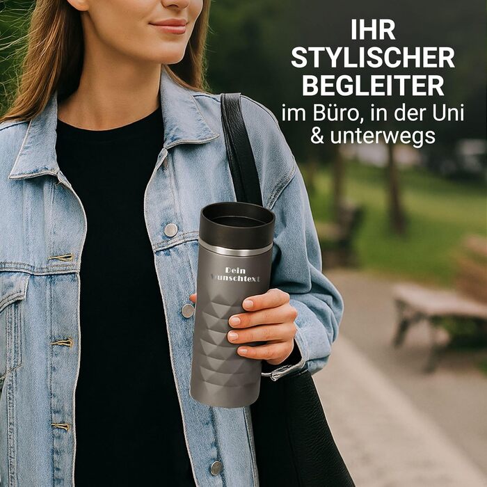 Термокружка Elasto з нержавіючої сталі, 450 мл, з індивідуальною гравіюванням, витримує витоки, термоізольована, сірий колір