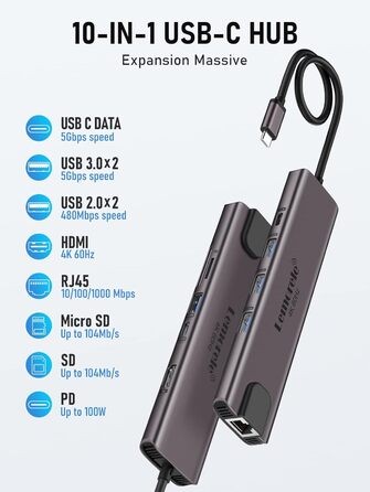 Lemorele USB-C Док-станція: 11-в-1 хаб з 2xHDMI 4K, 3xUSB 3.0/2.0, VGA, PD 100W, SD/TF, Ethernet (сумісна з Windows, MacBook, Dell, HP, Lenovo, Surface)