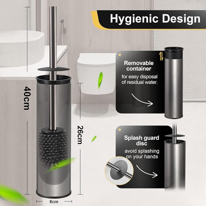 Підлогова щітка для унітазу Dazi металева сіра з 2 щітками для глибокого очищення та захистом від бризок та засмічення